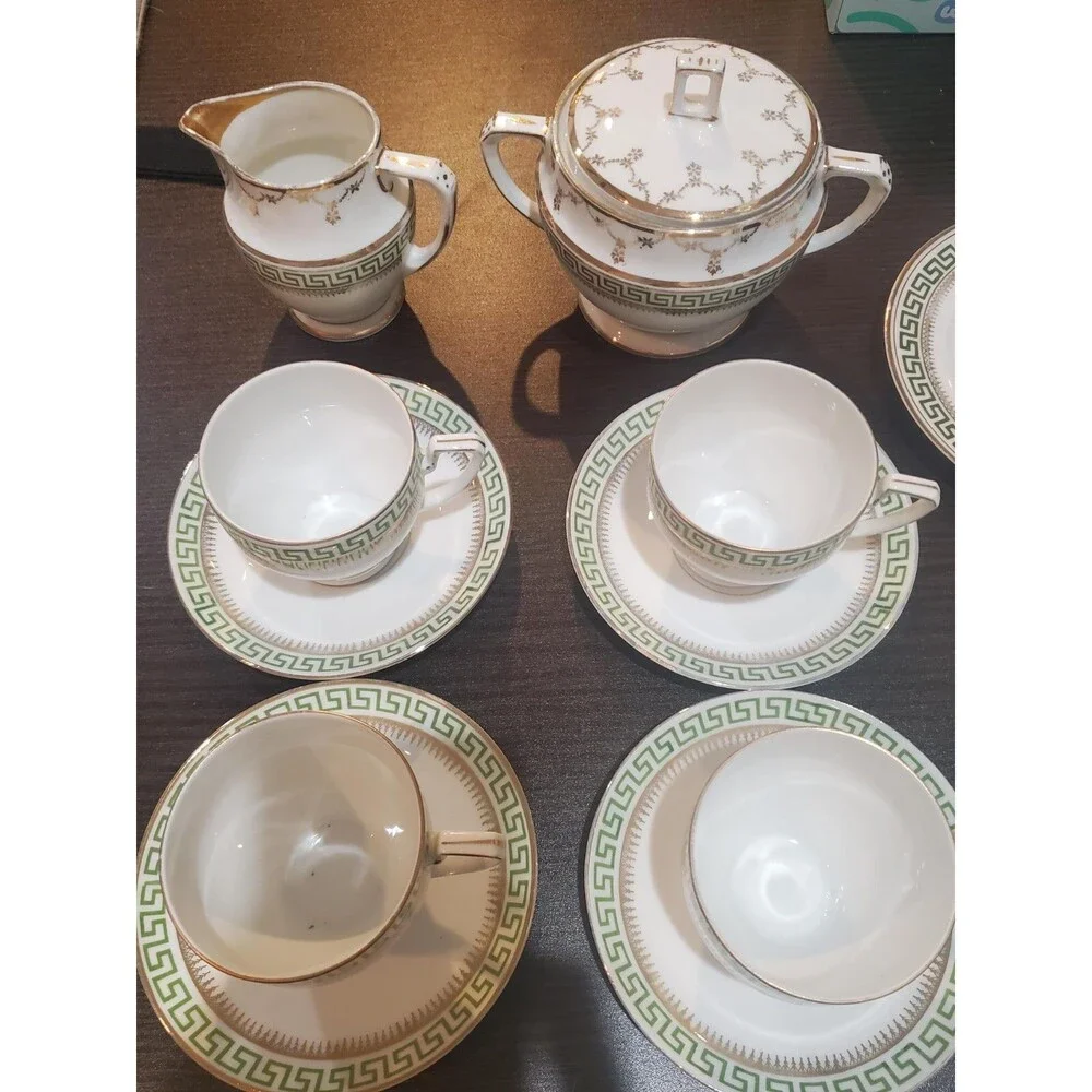 Antique Czech Austria 14 Piece Greek Key Cups Plates Creamer Sugar Porcelain
